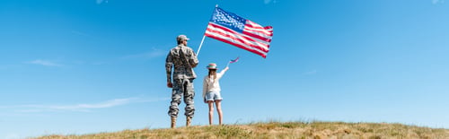 Preview: panoramic shot of kid and military father holding american flags