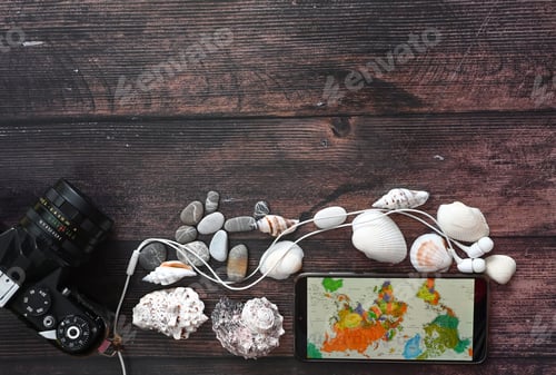 Preview: flatlayey, travel, vacation dream, seashells, things for the road, things for vacation