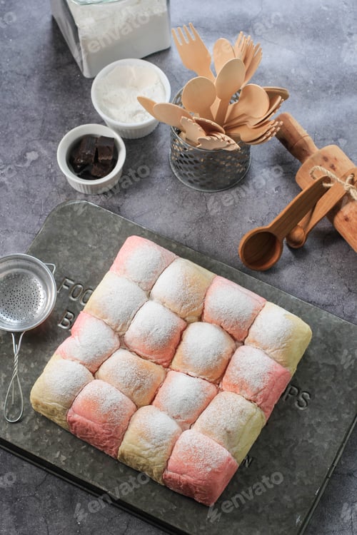 Preview: Fresh Baked Japanese Soft and Fluffy Bun Bread, Popular as Hokaido Milk Bread with Pastel Colours