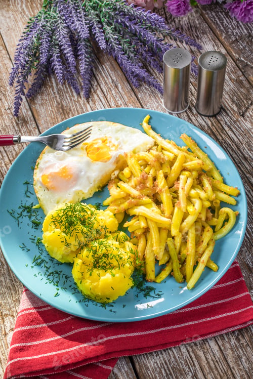 Preview: Fried egg served with boiled potatoes and yellow beans.