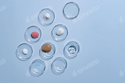 Preview: Multicolored textures of cream, scrub, serum and oil in Petri dishes on blue background. Concept