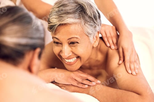 Preview: Spa, relax and couple on massage table for luxury, resort and vacation with stress relief, zen and