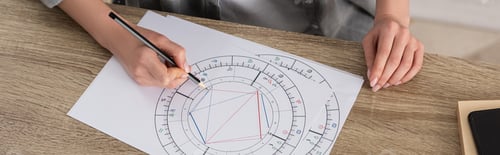 Preview: Cropped view of woman drawing natal chart at table, panoramic shot