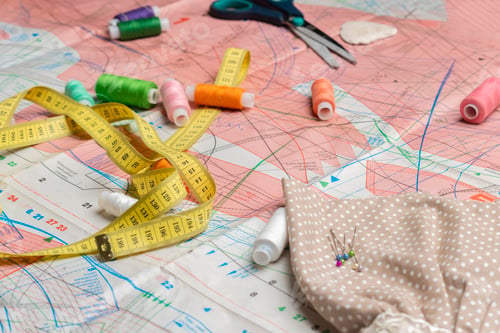 Preview: sewing supplies flat lay. colorful threads, scissors b