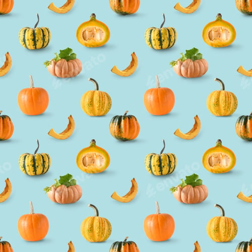 Preview: Seamless pattern of pumpkins with shadow. Autumn harvest eco concept.