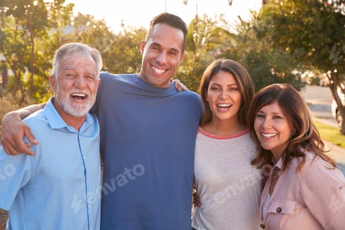 Preview: Portrait Of Senior Hispanic Parents With Adult Son And Daughter Relaxing In Garden At Home Together
