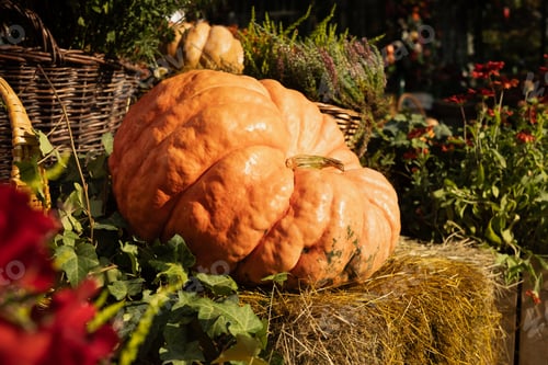 Preview: Orange pumpkin piled on hay bales at rural farm market in autumn sunlight. Close up.