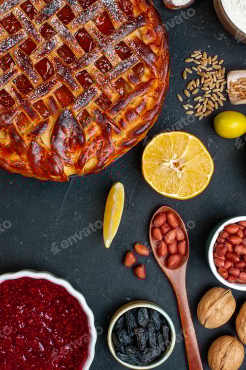 Preview: top view delicious fruity pie with eggs and flour on dark background biscuit cookie bake color pie