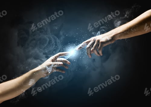 Preview: Michelangelo God'S Touch. Close Up Of Human Hands Touching With Fingers