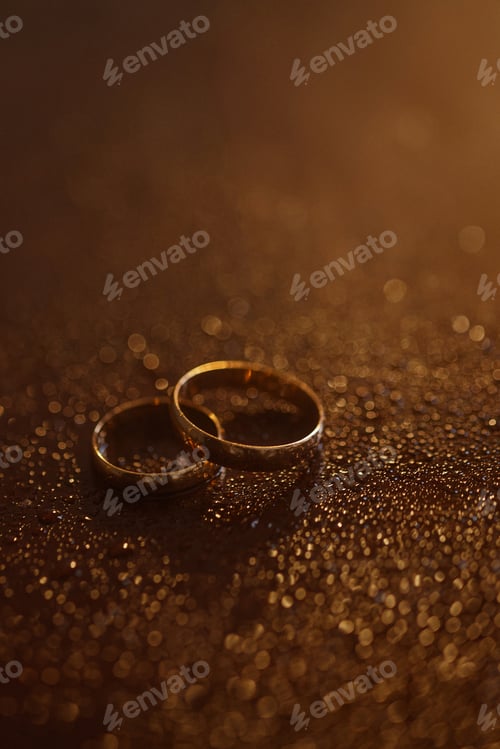 Preview: Gold wedding rings with water splashes.