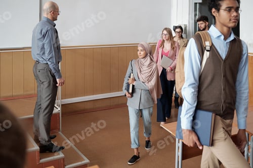 Preview: Group of intercultural students entering classroom
