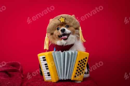 Preview: Pomeranian Spitz in a cangaceiro hat red bandana and accordion with red background behind