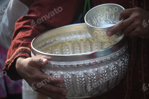 Preview: Closeup shot of two silver ritual bowls with a monk performing a Buddhist ritual