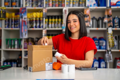 Preview: Young woman working in an auto parts store packing items into a box