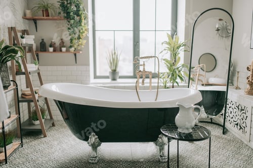 Preview: Luxury interior of eco style modern bathroom with oval bathtub and accessories at natural lighting