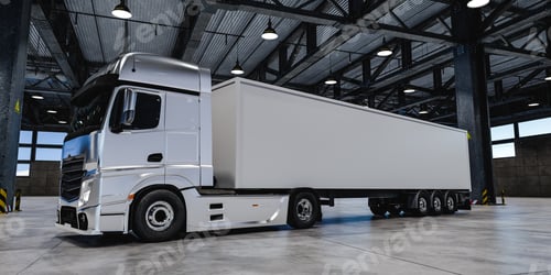 Preview: Modern truck with white trailer in warehouse