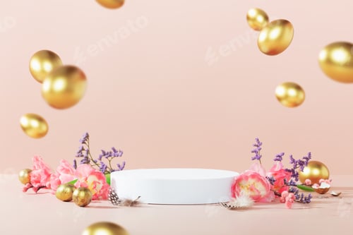 Preview: Empty round podium, easter gold eggs with spring tulip flowers on a pink background