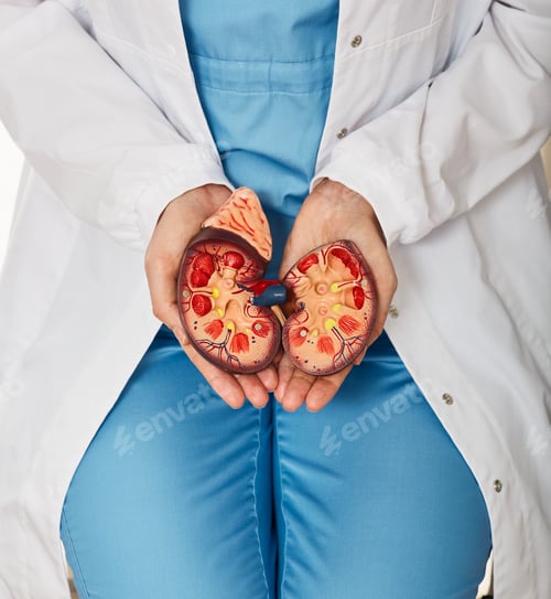 Preview: Urology and treatment of kidney diseases. Doctor urologist showing anatomical model of kidney,