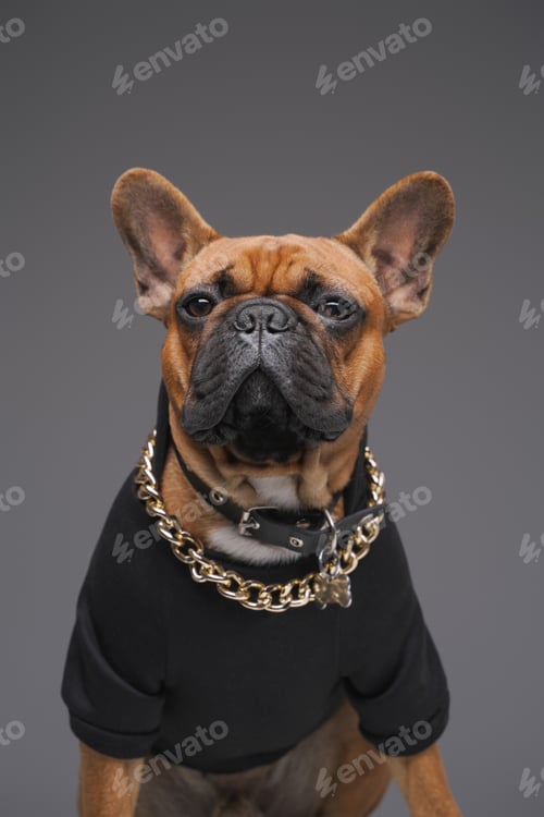 Preview: Brown french bulldog with golden chain in black sweater