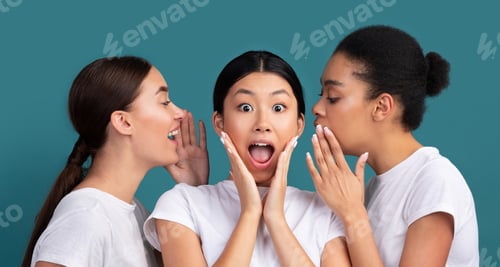 Preview: Three Girls Friends Gossiping Sharing Rumors Standing In Studio, Panorama