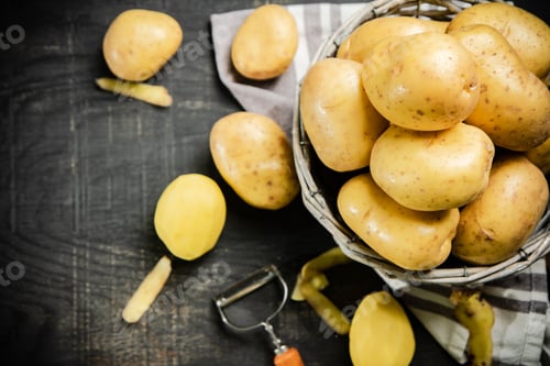 Preview: Fresh potatoes. On black background.