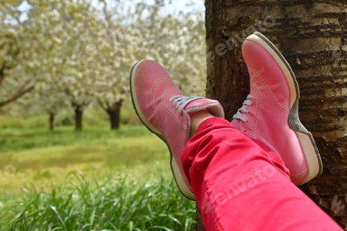 Preview: Feet in pink shoes on green field with flowers and trees