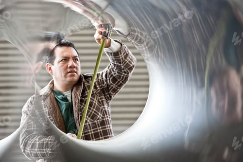 Preview: HIspanic man factory worker measuring diameter of pipe in a sheet metal factory.