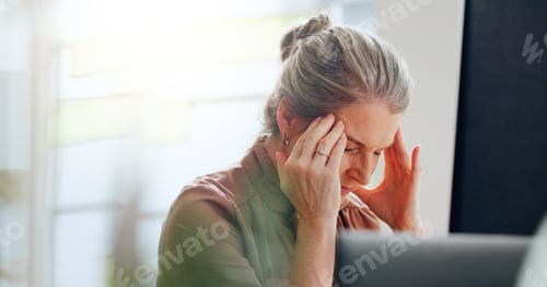 Preview: Business, woman and headache by laptop in office for financial deadline, taxes challenge and brain