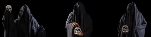 Preview: Group of three scary mysterious black man holding a skull in his hand isolated on black background