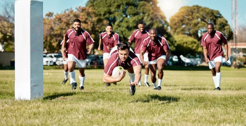 Preview: Rugby, team on field and sports game with men, athlete running and player score a try with ball, fi
