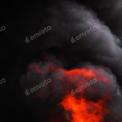 Preview: Flames of Red Fire and Motion Blur Dramatic Clouds of Black Smoke Covered Sky