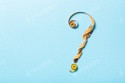 Preview: Top view of fork and measure tape in form of question mark on blue background