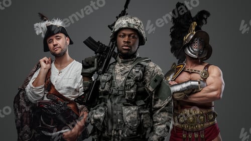 Preview: Black soldier with greek gladiator and caribbean pirate
