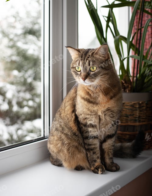 Preview: Striped gray cat with yellow eyes sits on window. Looks in different directions. Wool with red spots