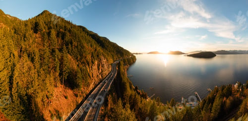 Preview: Aerial Panoramic View of Sea to Sky Highway on Pacific Ocean West Coast