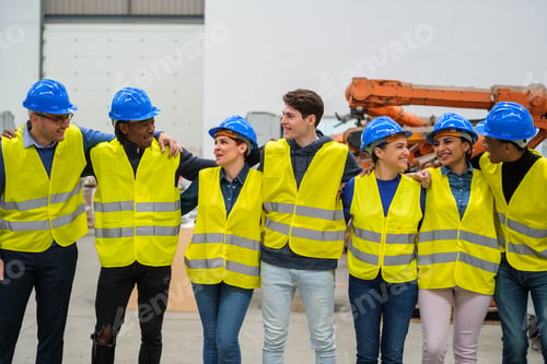Preview: Group of workers in a robotics factory smiling
