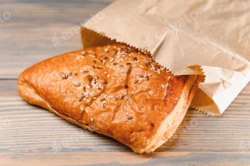 Preview: Puff pastry triangle filled with with jam on a wooden background