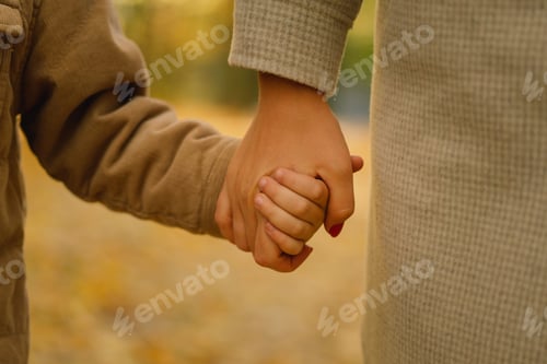 Preview: Mom and son hold hands. Happy family and support. Family day.