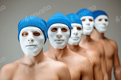 Preview: The People In Masks And People Without Faces. Concept Clockwork Orange. A Reflection Of The Inner