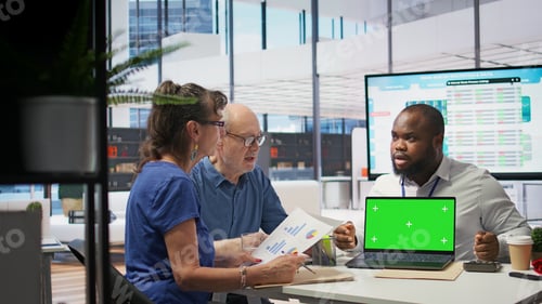 Preview: Banker offering pension plans options to elderly people next to isolated mockup