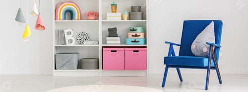 Preview: Panorama of a cute pillow on a blue armchair and a bookcase with