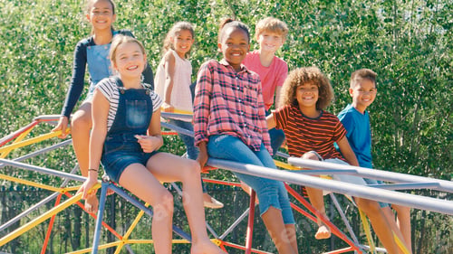 Preview: Portrait Of Smiling Multi Cultural Students On Climbing Frame In School Playground