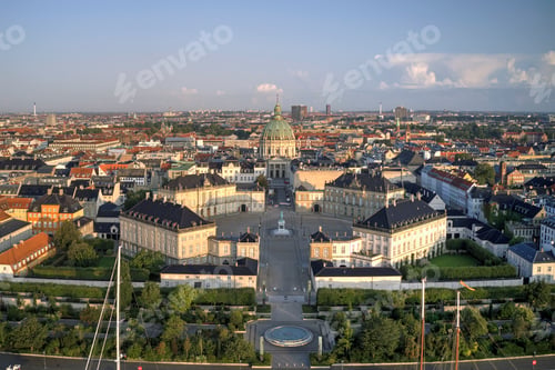 Preview: Aerial view of Amalienborg Castle located in Copenhagen, Denmark at sunrise