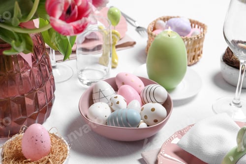 Preview: Festive table setting with painted eggs. Easter celebration