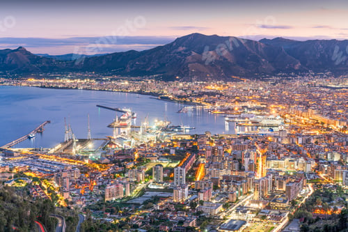 Preview: Palermo, Italy Cityscape with the Port at Dusk.