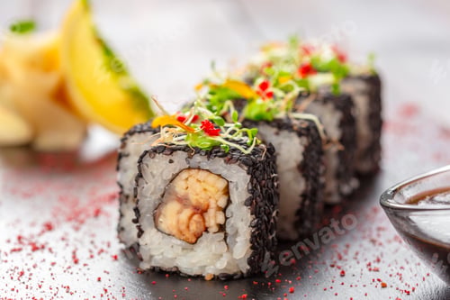 Sushi Rolls with Black Sesame Seeds and Garnish