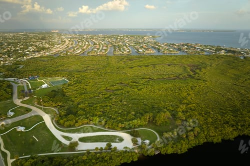 Preview: Aerial view of rural private houses in remote suburbs located near Florida wildlife wetlands