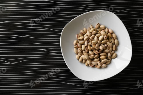 Preview: Many tasty pistachios on black table, top view. Space for text