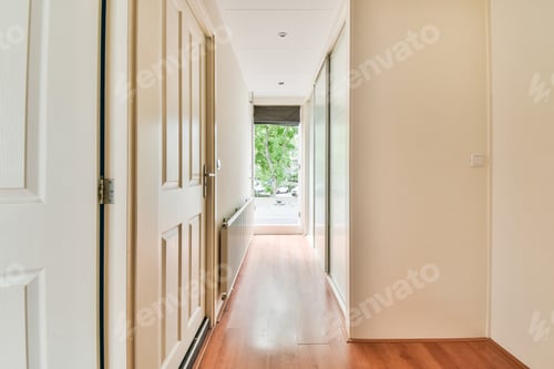 Preview: Narrow corridor with doors and lamp