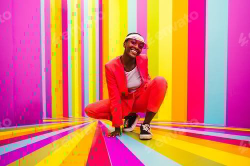 Preview: Beautiful young woman dancing and having fun inside a rainbow box room